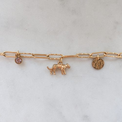 Leopard gemkapocs láncos karkötő charmokkal